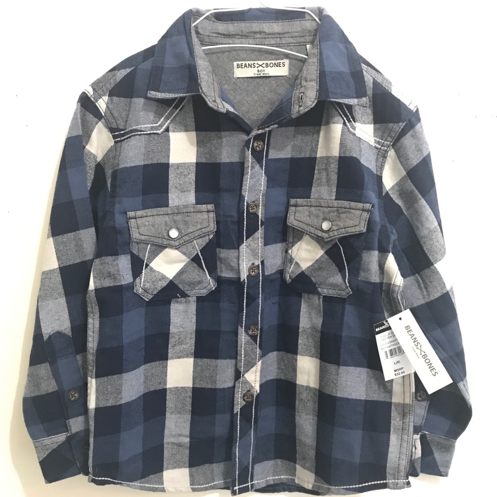 Boys Blue Woven Flannel Long Sleeve Plaid Shirt
